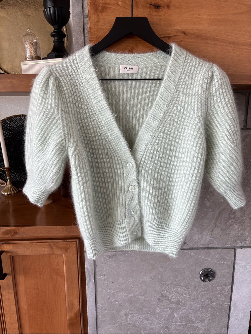 Celine Soft Mint Mohair-Blend Ribbed V-Neck Cardigan